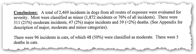 Conclusions of research by the EPA in 2009 that examined incident data for spot-on pesticides used on dogs, including FrontLine