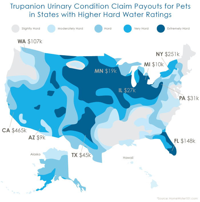 map showing Trupanion’s claim payments for urinary conditions, overlaid across the hard water areas in the US
