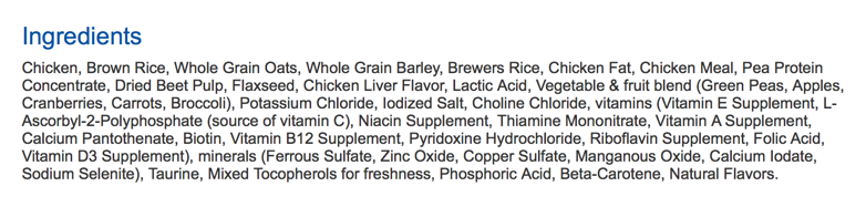 dog food ingredients label