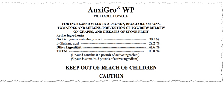 AuxiGro label, a product that contains hydrolyzed proteins and monosodium glutamate, used to increase crop yields.