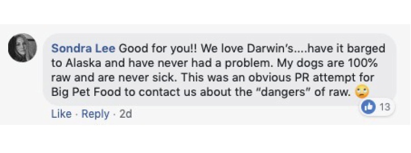 Screenshot of comment on Darwins Facebook page